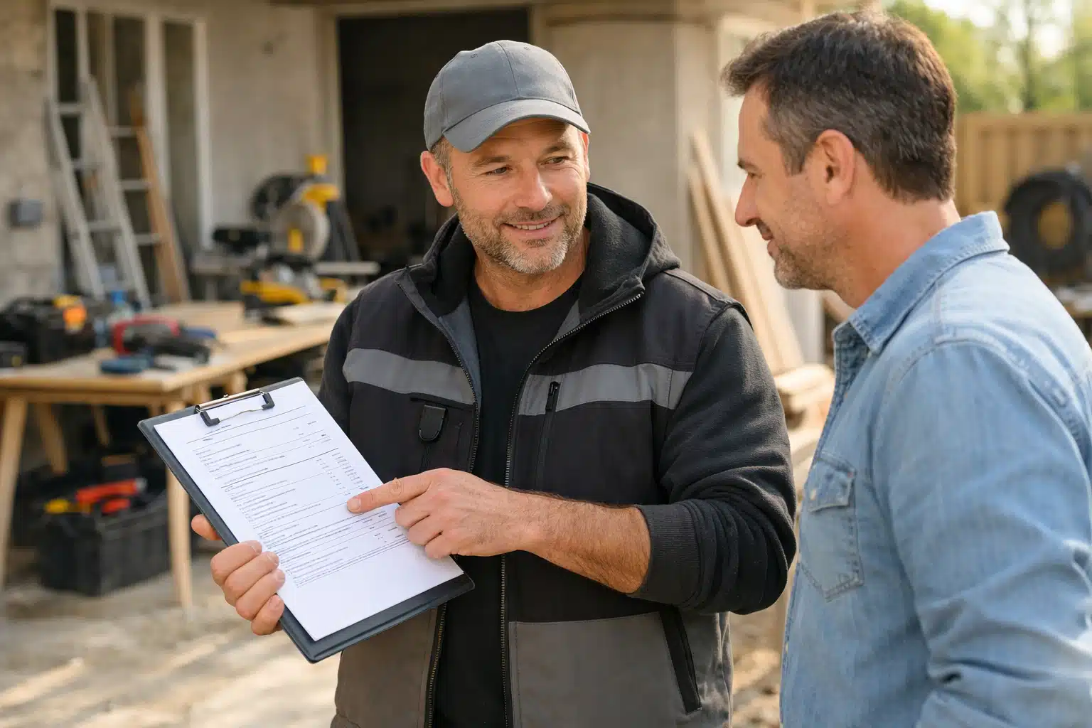 Artisan montrant un devis à un particulier sur un chantier
