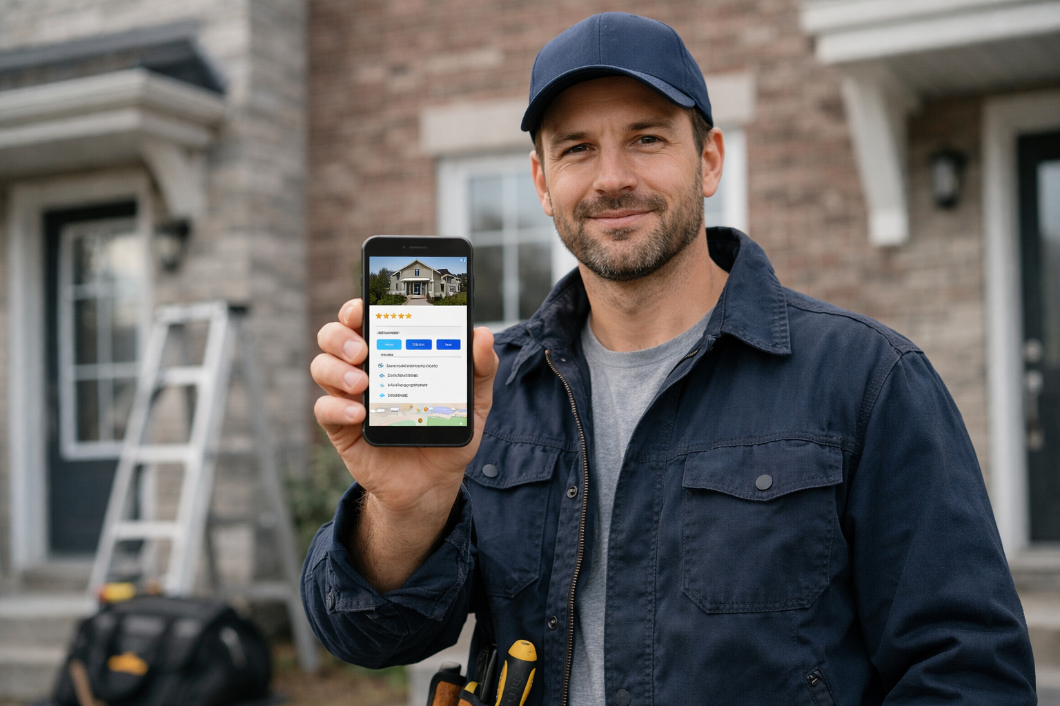 Artisan consultant une fiche locale sur smartphone devant une maison